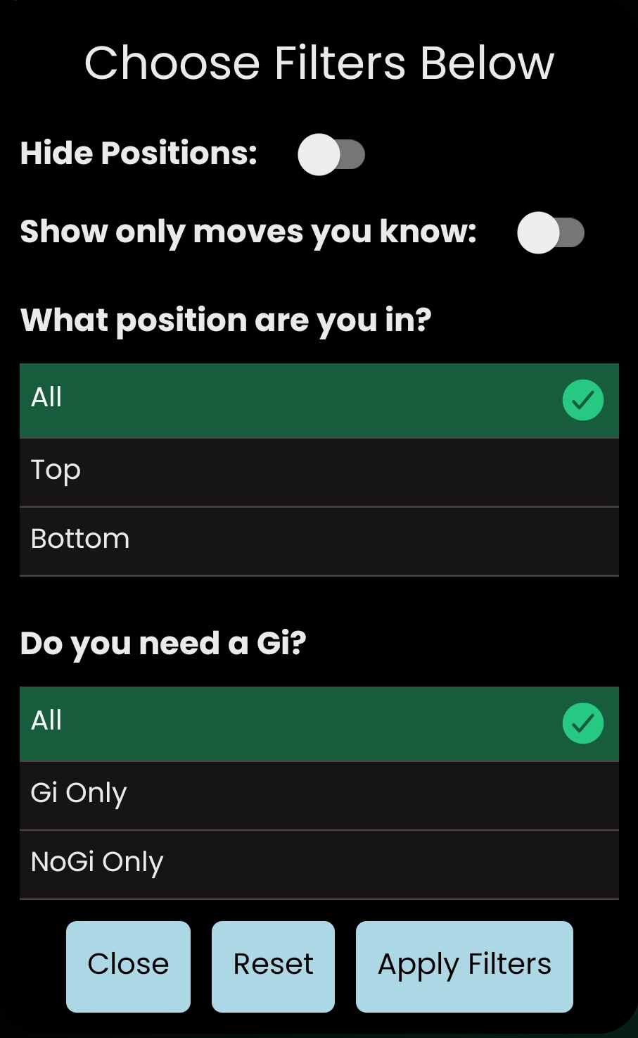 Filters Popup